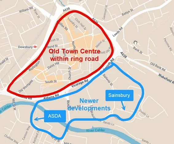 map showing the old and new parts of Dewsbury town centre